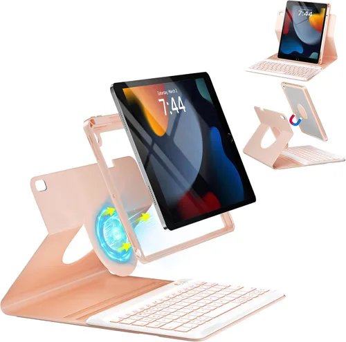 Vista 14 de OYEEICE Funda de teclado para iPad 6ª/5ª generación de 9.7 pulgadas, teclado inalámbrico desmontable retroiluminado de 7 colores, cubierta magnética