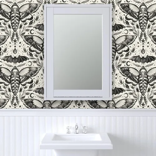 Vista 9 de Muestro de papel tapiz extraíble – Acuarela Cráneo Polilla Damasco Negro Blanco Flor Estrellas Elegante Tinta Magia Papel pintado personalizado
