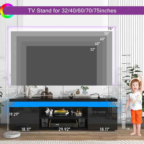 Vista 2 de Hlivelood Soporte de TV LED para TV de 75 pulgadas, moderno soporte de TV con toma de corriente, consola de TV de alto brillo con almacenamiento