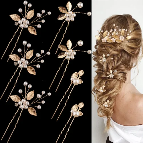 Vista 8 de 7 horquillas para el cabello de boda, hoja dorada, tocado de novia, perlas, accesorios para el cabello, accesorios para el cabello, accesorios