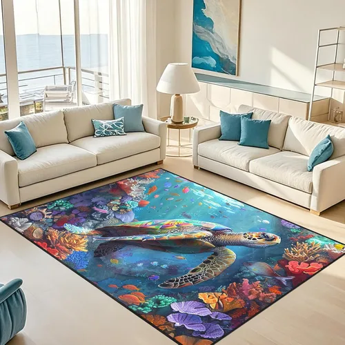 Vista 28 de Alfombra de tortuga marina con estampado de animales marinos y animales marinos, alfombra con estampado de tortugas marinas, para niños y niñas
