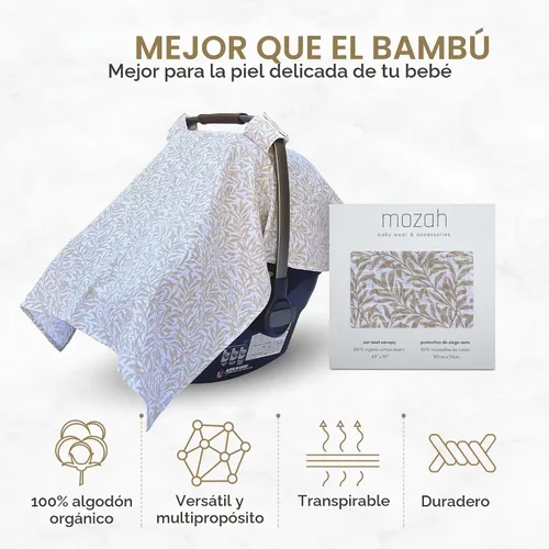 Vista 6 de MOZAH Funda de asiento de coche para bebé, hojas beige, 100% muselina orgánica, suave, transpirable y ligera, esencial para asiento de automóvil