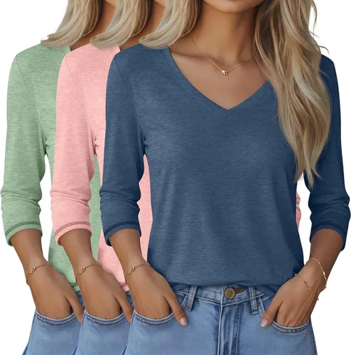 Vista 41 de Ficerd Paquete de 3 camisetas de manga 3/4 para mujer, cuello en V, blusas holgadas, blusas casuales, ropa de moda 2026