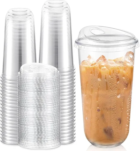 Vista 17 de Baderke 100 vasos de plástico con tapas para sorber, fondo redondo, vasos de café de plástico desechables con tapas, tazas de cristal transparentes