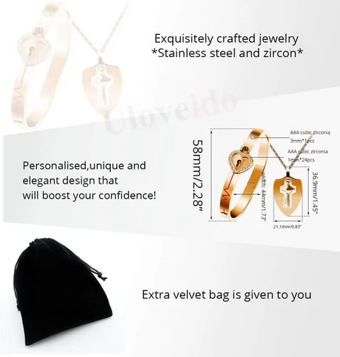 Vista 7 de Uloveido Collar con colgante de llave de escudo y pulsera de bloqueo para niñas y niños, juego de pulsera para hombres y mujeres, regalo