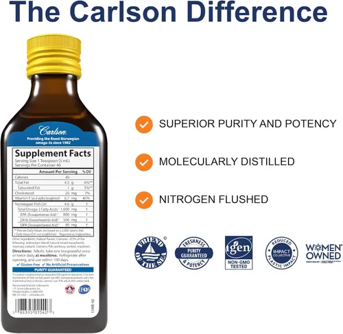 Vista 2 de Carlson - El Mejor de Todos los Aceites de Pescado, 1600 mg de Omega-3, Suplemento de Aceite de Pescado Líquido, Aceite de Pescado Noruego, Captura