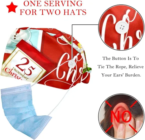 Vista 2 de Working Cap with Buttons Sweatband Ribbon Tie Back Bouffant Hats, Cartoon Unicorn Mermaid