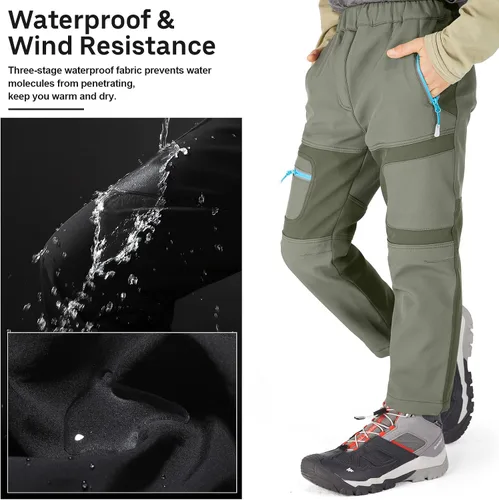 Vista 4 de linlon Pantalones cargo de senderismo para niños y jóvenes, impermeables, con forro polar suave y forro polar, pantalones de nieve aislados, Nieve