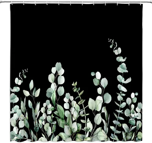 Vista 6 de Cortina de ducha floral negra elegante tulipán negro blanco y negro, diseño moderno de impresión artística única, juego de decoración de baño
