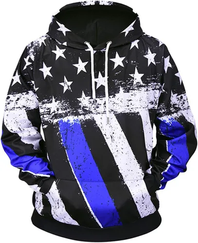 Vista 2 de Sudadera holgada con capucha para hombre con estampado de bandera estadounidense divertido estampado a rayas con cordón