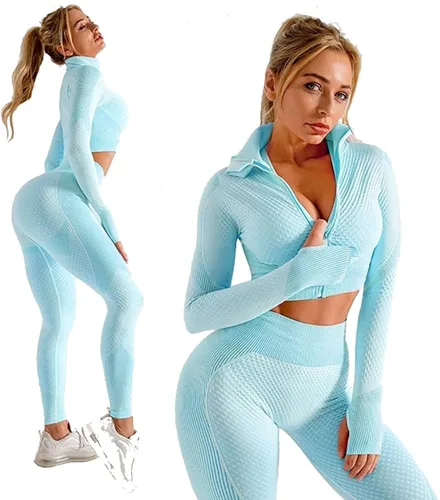 Vista 2 de Veriliss Conjunto de 3 piezas de entrenamiento sin costuras para mujer, gimnasio, deportes, escuela, correr, yoga, ropa deportiva
