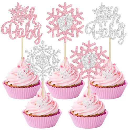 Vista 21 de Gyufise 24 piezas de copos de nieve Oh Baby Cupcake Toppers Glitter Winter Frozen Baby Shower Cupcake Picks para invierno, país de las maravillas