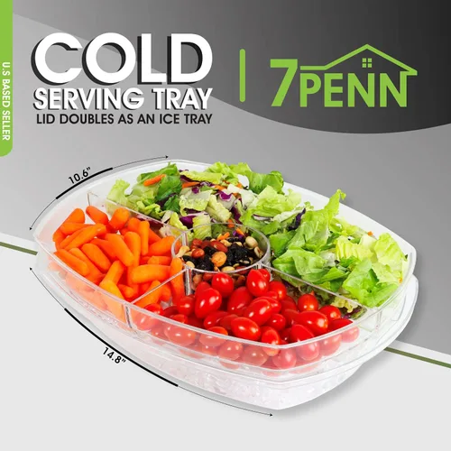 Vista 2 de 7Penn Bandeja acrílica para servir aperitivo, 4 compartimentos, bandeja refrigerada transparente con tapa abatible para bandeja de hielo