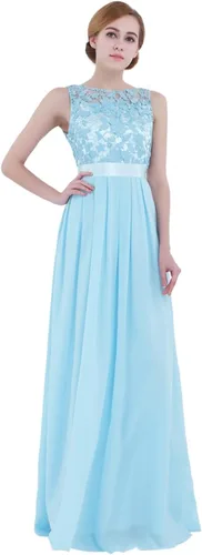 Vista 3 de dPois Vestido de dama de honor de gasa sin mangas para mujer, elegante, de encaje, formal, largo, para fiesta de noche