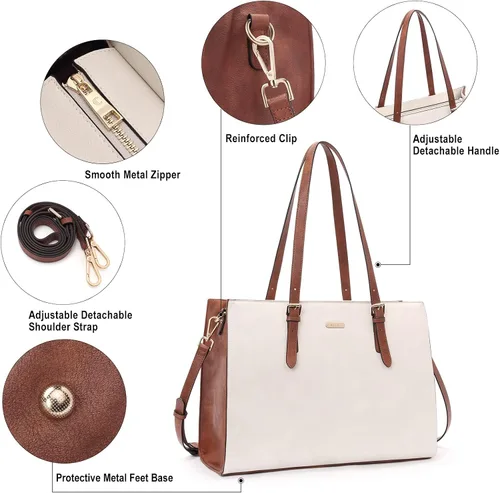 Vista 5 de CLUCI Bolsa de cuero para laptop de 15.6 pulgadas, maletín para mujer, bolso de hombro grande para oficina, escuela, viajes