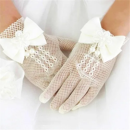 Vista 3 de DreamHigh Manoplas de boda para niñas con diseño de perlas, corbatín de pez, color blanco, Blanco