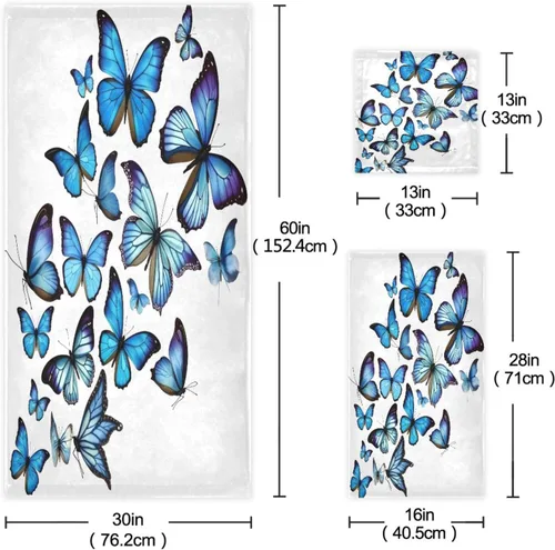 Vista 3 de ALAZA Juego de 3 toallas de baño con diseño de mariposas azules, 1 toalla de baño, 1 toalla de mano, 1 toallita suave, multiusos, para baño, hotel