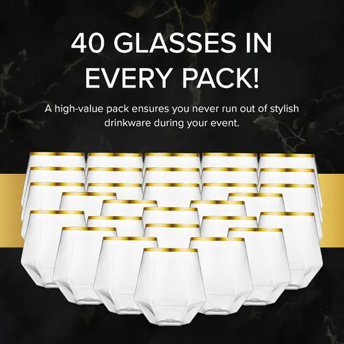 Vista 5 de Kitchen Lux Paquete de 40 copas de vino de plástico con diamantes desechables, copas de oro, copas de vino, copas de cóctel, vasos de plástico