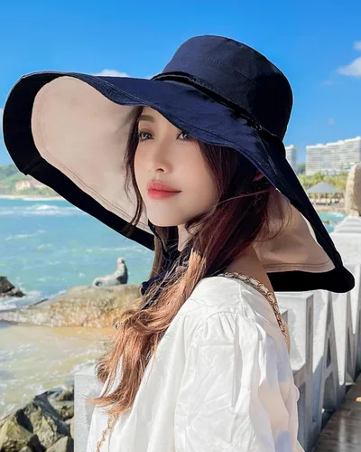 Vista 32 de Sombrero de sol de ala súper ancha para mujer, de algodón, plegable, reversible, con borde con cable, protección UV, verano, playa, viajes, jardín