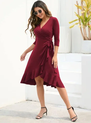 Vista 2 de OWIN Vestido de cóctel para mujer manga 34 cuello en V profundo casual para fiesta con lazo en la cintura dobladillo con volantes vestido envolvente