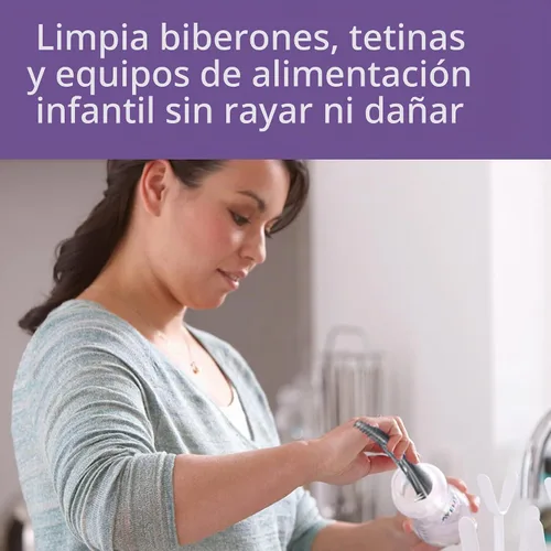 Vista 2 de Philips AVENT Cepillo para biberón y tetina de bebé, gris, SCF145/18 Cabezal de cepillo curvo, punta de pezón moldeada, fácil de limpiar con un solo