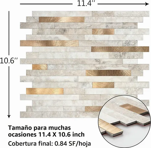 Vista 2 de KASARO - Azulejos de 1 hoja para pelar y pegar para salpicaduras de cocina, mármol beige con rayas doradas antiguas, azulejo autoadhesivo