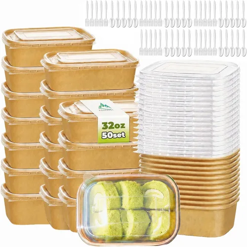 Vista 9 de Kaderron 50 Pack 20 OZ Large Paper Bowls with Lids with Spoons and Forks, Heavy Duty Disposable Meal Prep Containers for Party, Soak-Proof and