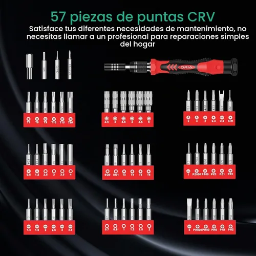 Vista 5 de ORIA Kit de Destornilladores de Precisión, Mini Juego de Destornilladores, 61 en 1 con 57 Puntas de Herramientas de Reparación con Eje Flexible Rojo