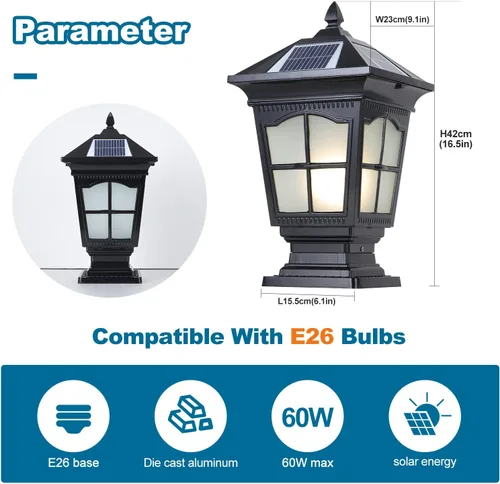 Vista 7 de Luces solares de columna para exteriores, IP65, impermeables, externas, tricolor, atenuación, luces de poste de luz de poste de aluminio para patio