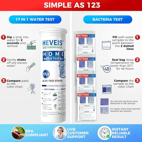 Vista 4 de Kit de prueba de agua potable 21 en 1 para el hogar, 120 tiras + 4 pruebas de bacterias, kit de prueba de agua de grifo y pozo, fácil de probar