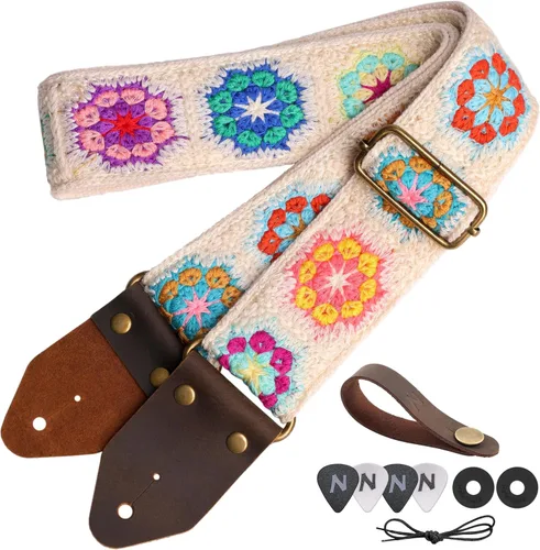 Vista 12 de Nefelibata Correa de guitarra, correas de guitarra de algodón bordado jacquard con extremos de cuero de caballo loco para bajo, eléctrico