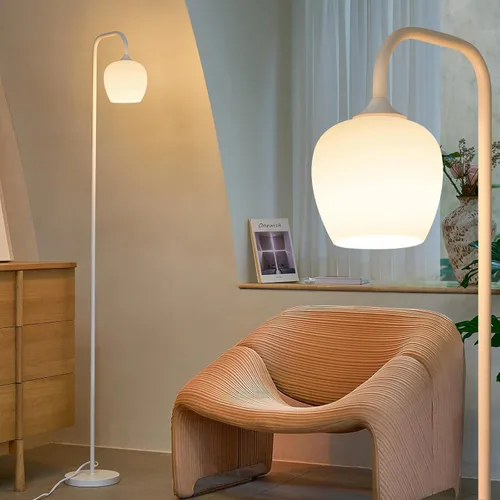 Vista 9 de ONEWISH Lámpara de pie rosa, moderna lámpara de pie para sala de estar, dormitorio, pantalla de lámpara de cristal, bombilla LED incluida, bonito