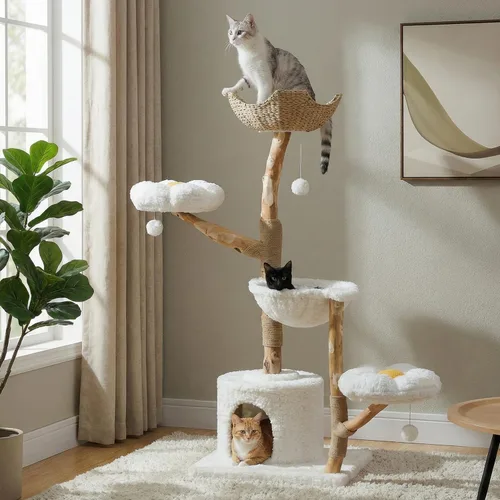 Vista 10 de MUTTROS Árbol de gato de madera con flores, torre de gato moderna con ramas de madera real, muebles de lujo boho con poste para rascar y 2 perchas