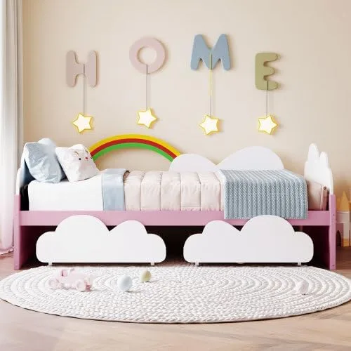 Vista 3 de Cama de tamaño individual con nubes – Base de cama artística con elementos del cielo y toque verde – Perfecto para niñas – Cama divertida e