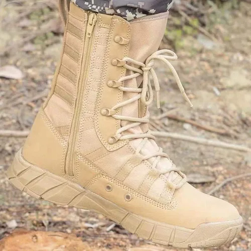 Vista 6 de Botas militares ligeras de 8 pulgadas de media altura hasta el tobillo, color beige, botas de senderismo para senderismo, senderismo, mochilero