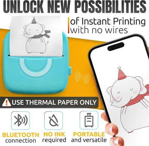 Vista 2 de Mini impresora térmica compatible con iPhone y Android – Mini impresora Bluetooth con 4 rollos de calcomanías, 2 rollos térmicos
