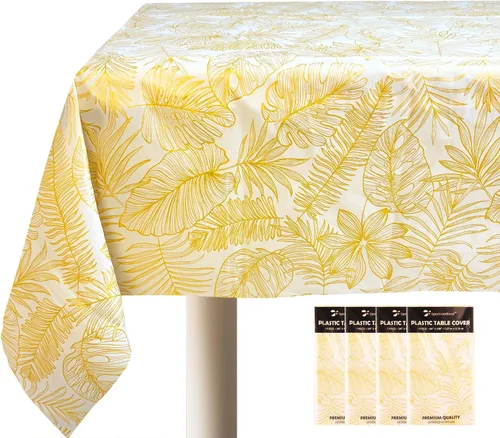 Vista 7 de Mantel desechable de 4 piezas con hojas doradas, manteles rectangulares de plástico elegantes de alta calidad para cumpleaños, jubilación, ducha