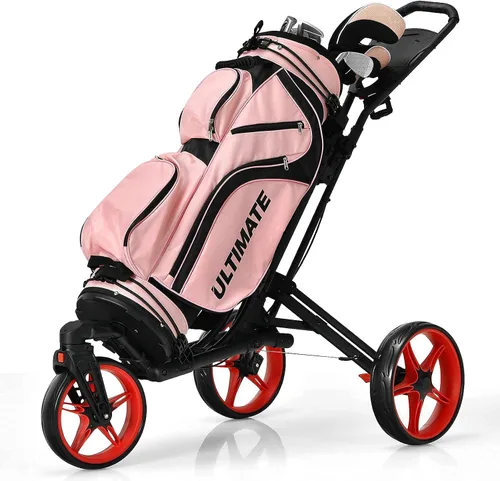 Vista 10 de Tangkula Carrito de golf con rueda delantera giratoria de 360°, carrito de golf plegable de aluminio de 3 ruedas, carrito de golf con correa