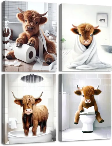 Vista 22 de Arte Divertido de Pared para Baño con Imágenes de Vaca de las Tierras Altas Escocesas, Decoración de Pared, Vaca Tierna en Bañera, Impresiones