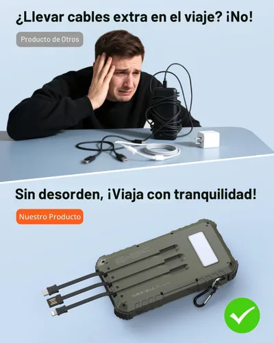 Vista 3 de Power-Bank-Solar-Cargador 45800mAh de Carga Rápida con 3 Cables Integrados, Linterna LED, Batería Externa Portátil Compatible con iPhone, Android