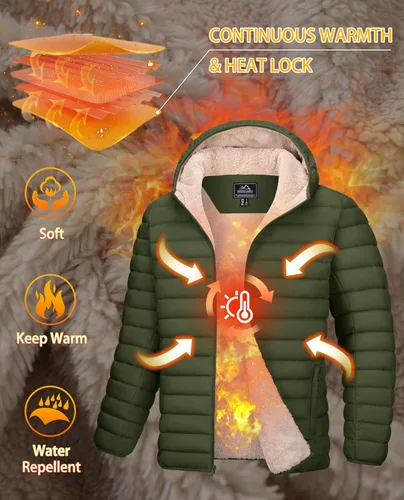 Vista 2 de MAGCOMSEN Chaqueta acolchada para hombre con capucha, forro de vellón, chaqueta térmica resistente al agua, chaqueta de plumón con cremallera