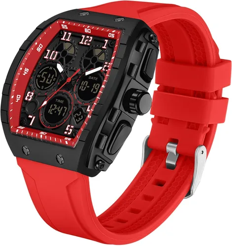 Vista 11 de Relojes para hombre, únicos rectángulos, reloj de pulsera blanco con pantalla digital analógica de doble hora, cronómetro de cuenta regresiva
