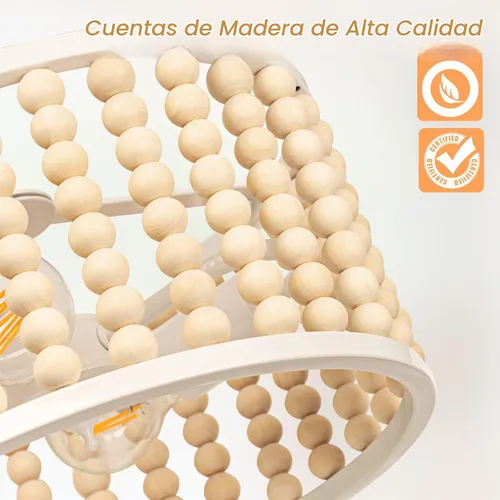 Vista 2 de Candelabro Bohemio de Cuentas de Madera Blanca - Moderna Lámpara de Techo para Guardería, Luz de Montaje Semiempotrado con Cuentas, Luces