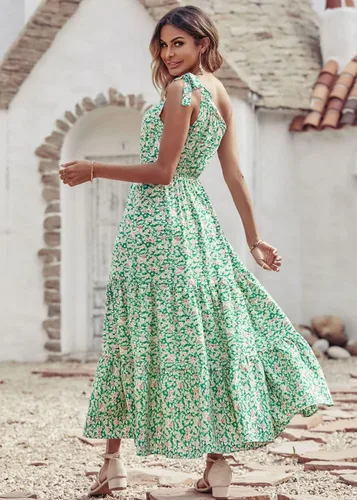 Vista 3 de PRETTYGARDEN Vestido largo floral de verano para mujer, de un hombro descubierto, con nudo, volantes, bohemio, para playa, vacaciones, boda, invitada