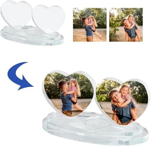 Vista 2 de Marco de fotos de cristal de doble corazón personalizado, pantalla de fotos de cristal personalizada, regalo creativo de fotos personalizadas