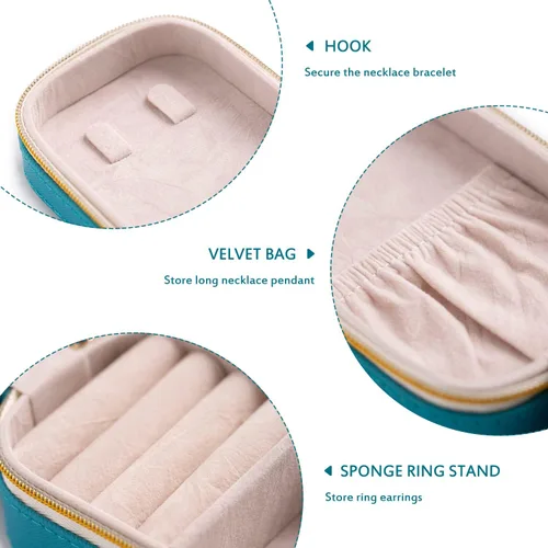 Vista 5 de SANQIANWAN Pequeña caja organizadora de viaje de joyería con piel sintética, estuche portátil de almacenamiento de joyas para collares, anillos