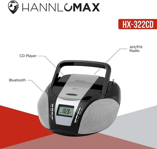 Vista 3 de HANNLOMAX Boombox de CD portátil HX-322CD con radio, radio AM/FM, Bluetooth, entrada auxiliar, fuente de alimentación dual AC/DC (negro)