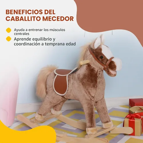 Vista 5 de Qaba Caballo Mecedor para Niños, Mecedora de Peluche para Niños Pequeños, Juguete Montable con Base de Madera y Agarre de Mango, Juguete Tradicional