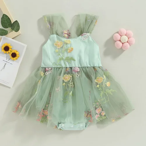 Vista 112 de Mameluco para bebés y niñas de 3, 6, 9, 12, 18 meses, enterizo de manga corta, fruncido, faldas y dobladillo, diadema
