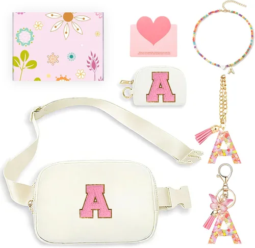 Vista 27 de Regalos de moda para niñas adolescentes, cangurera con monograma para niña con llavero, collar, dijes de taza, tarjeta de felicitación y caja
